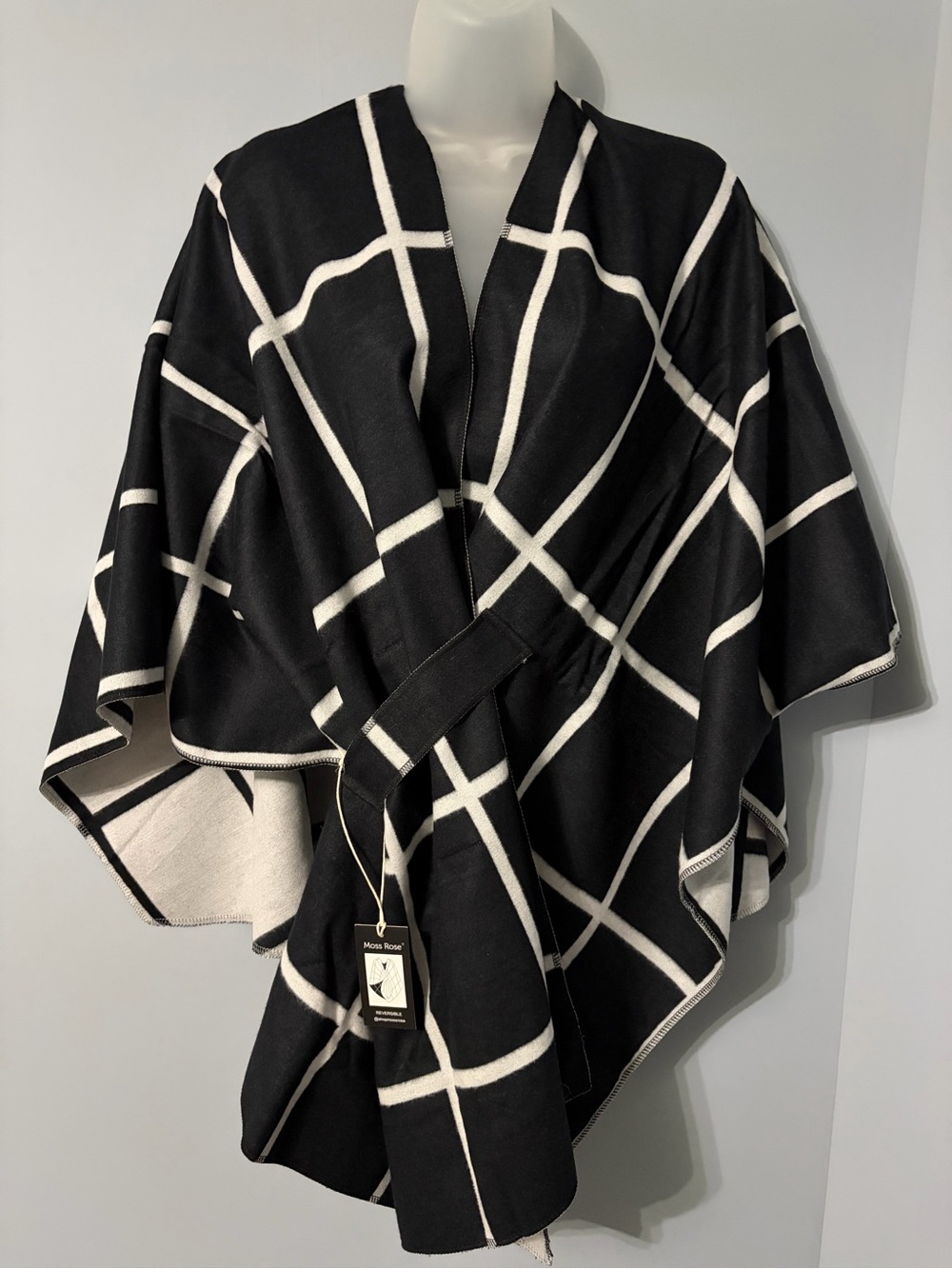 Black & White Grid Wrap Sweater Shawl